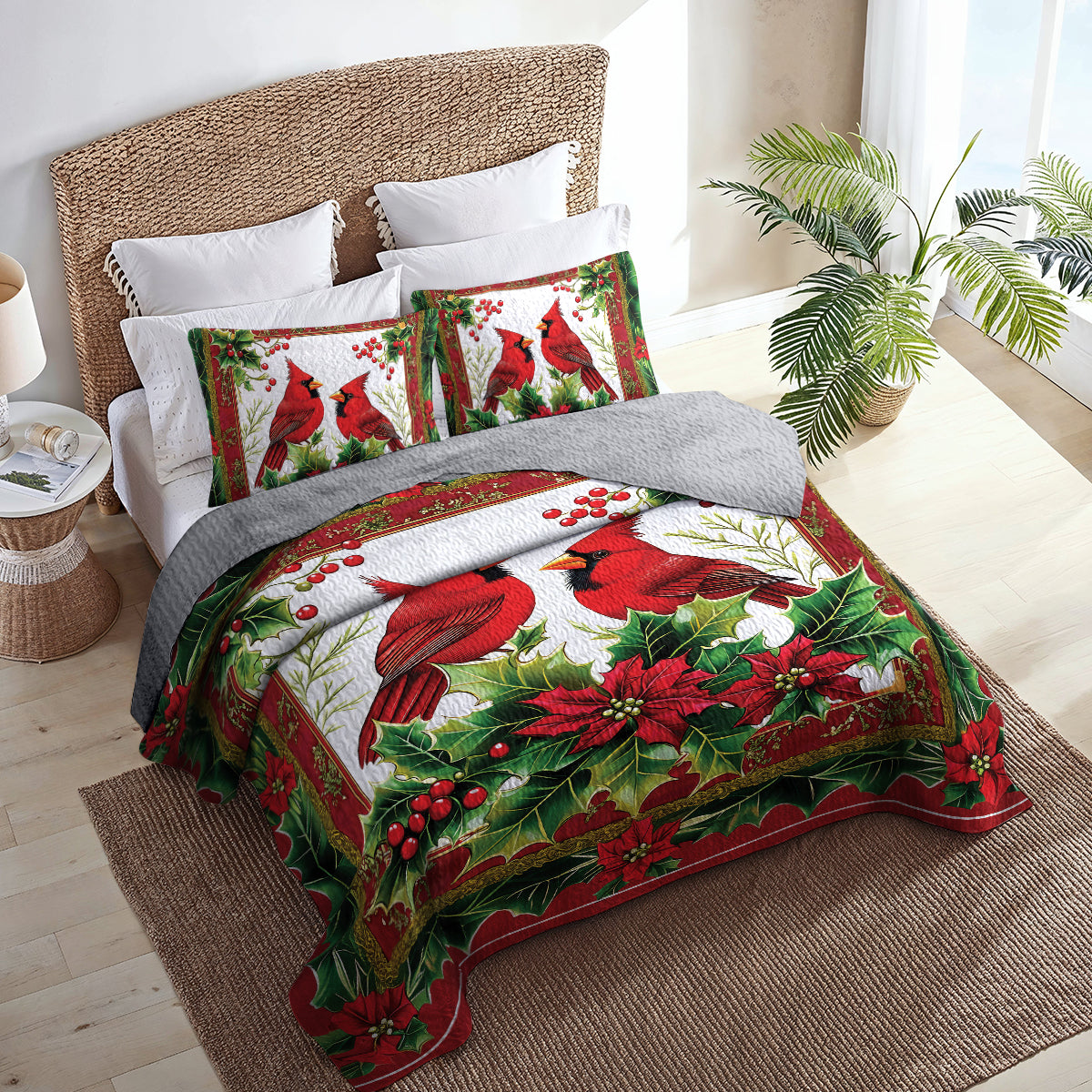 Shineful All Season Quilt 3-teiliges Set – Winter Cardinals und Holly Christmas