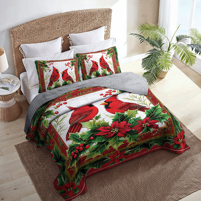 Shineful All Season Quilt 3-Piece Set - Winter Cardinals and Holly Christmas