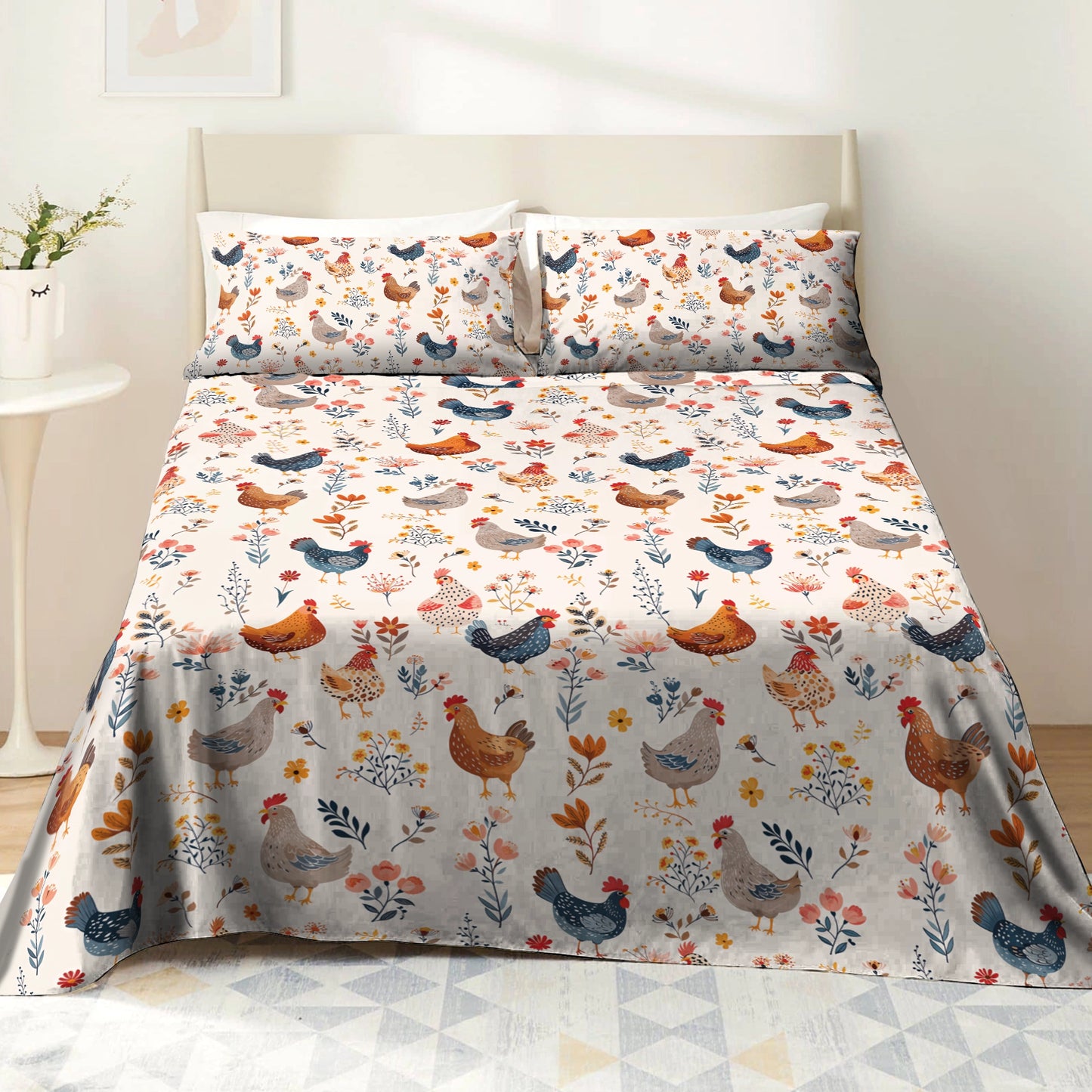 Shineful 4-Piece Bed Sheet Set Chicken Flower