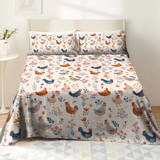 Shineful 4-Piece Bed Sheet Set Chicken Flower