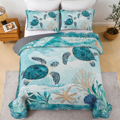 Shineful All Season Quilt 3-Piece Set - Elegant Sea Turtle