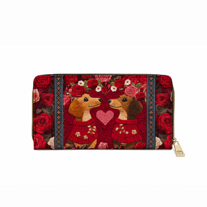 Shineful Leather Clutch Purse With Wristlet Strap Handle Heart Floral Dachshund Couple