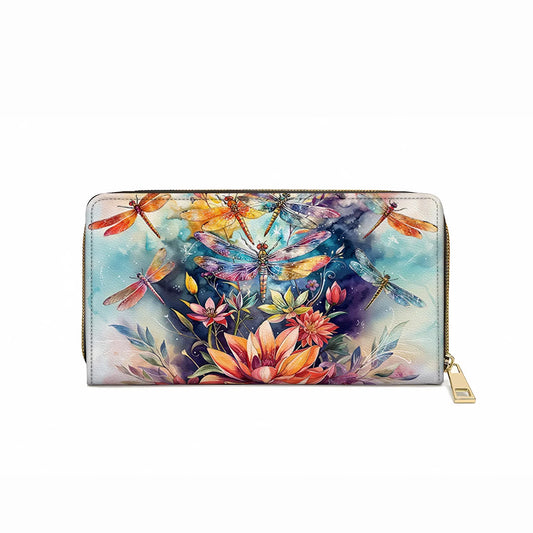 Shineful Leather Clutch Purse With Wristlet Strap Handle Dragonfly Free Flying