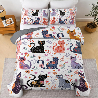 Shineful All Season Quilt 3-Piece Set Whimsical Cat Garden