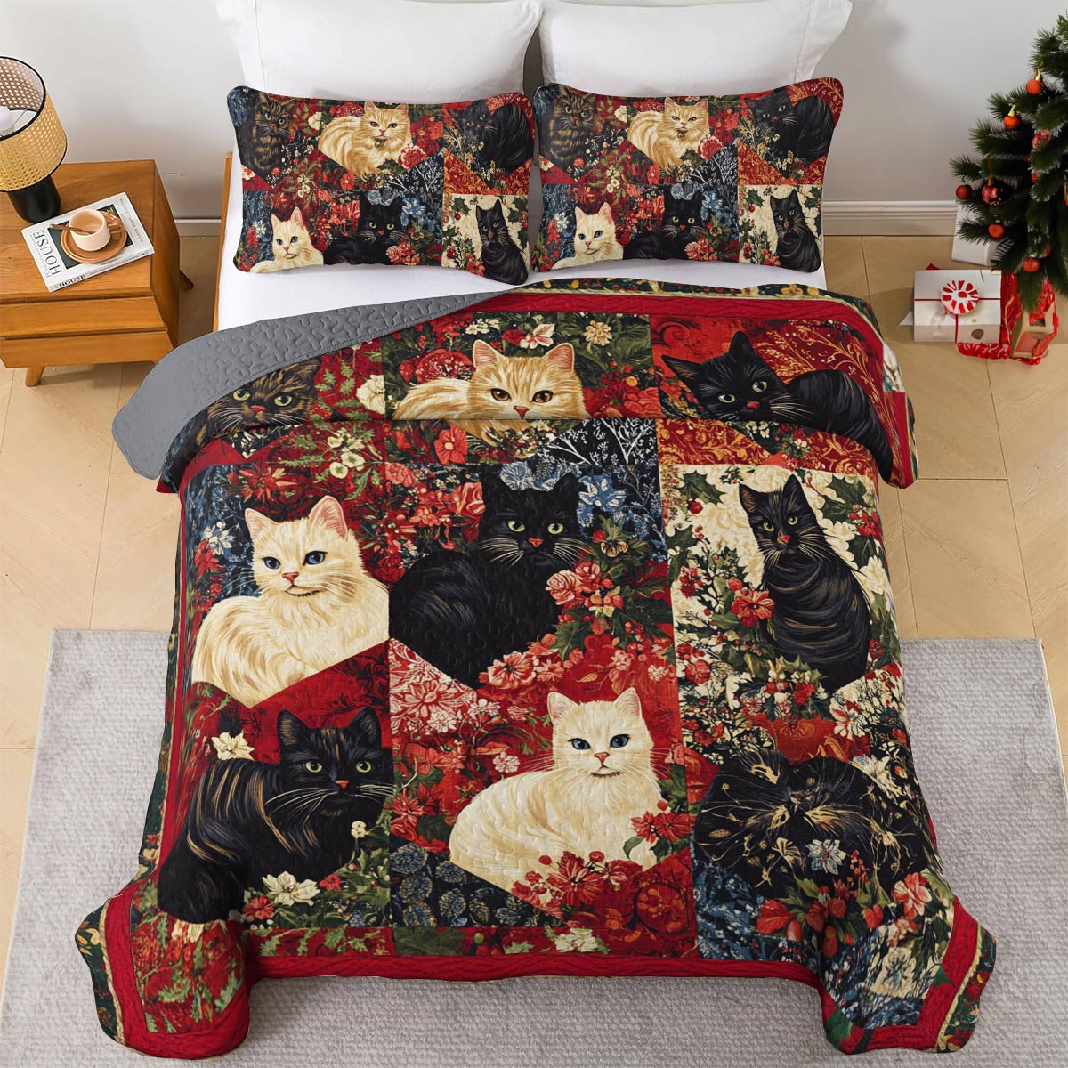 Shineful All Season Quilt 3-Piece Set Vintage Floral Cats