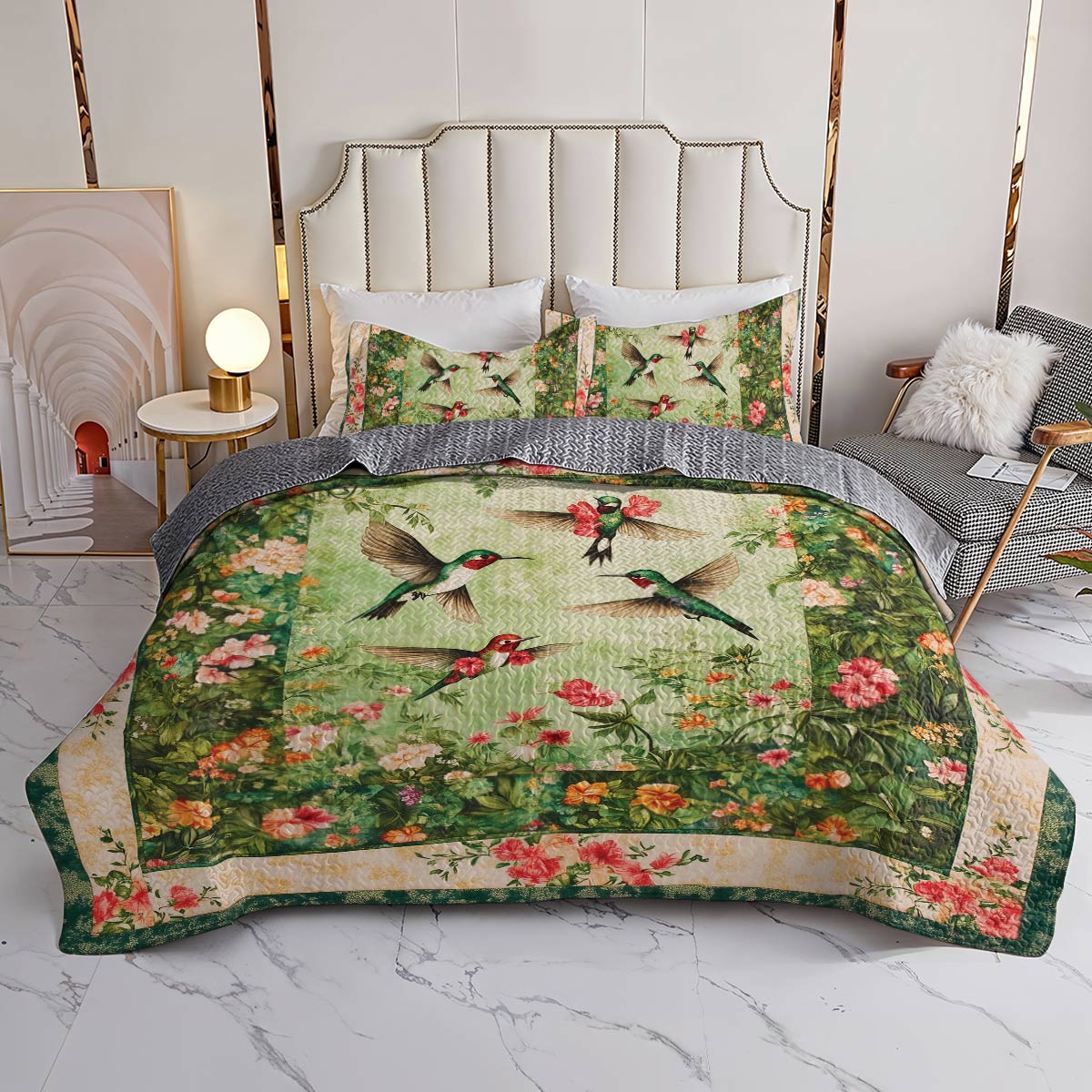 Shineful All Season Quilt 3-Piece Set - Hummingbird Emerald Dance