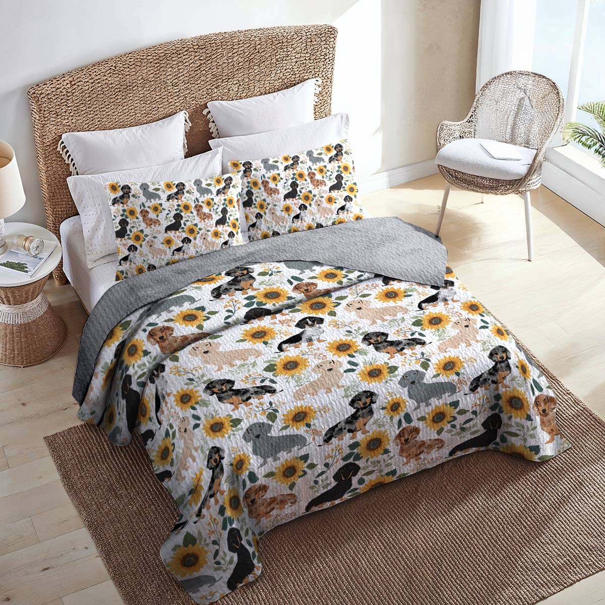 Shineful All Season Quilt 3-Piece Set - Dachshunds & Sunflowers