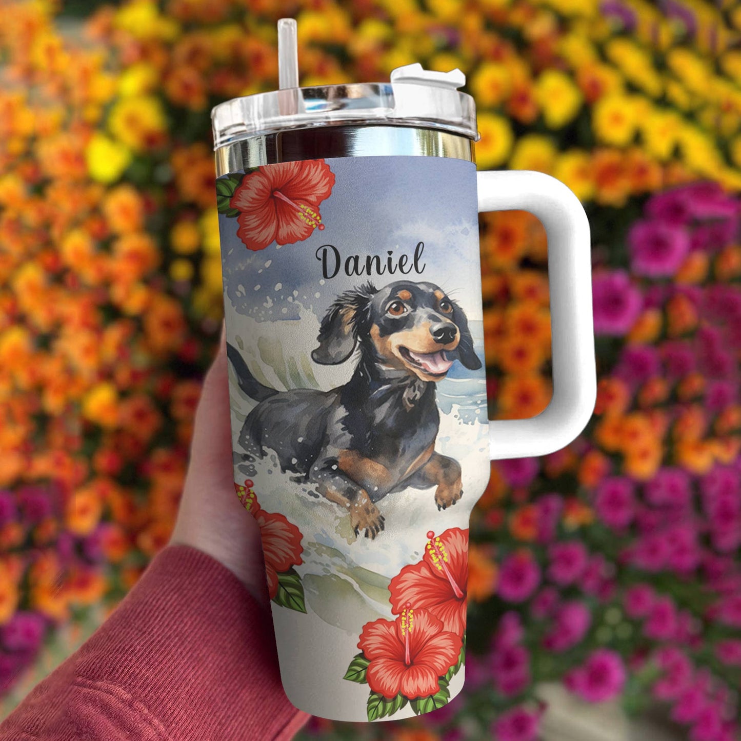 Shiny personalisierte Tumbler schöne Dackel Hibiskus Blumen