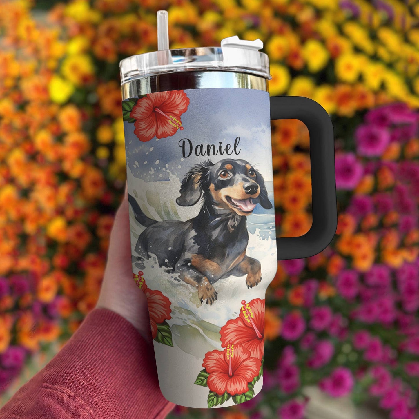 Shiny personalisierte Tumbler schöne Dackel Hibiskus Blumen