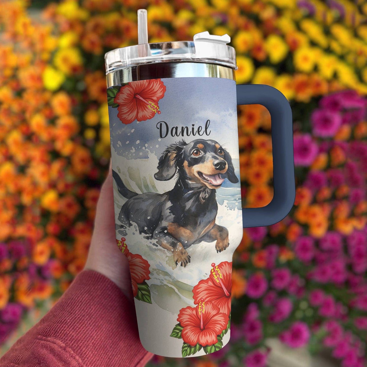 Shineful Personalized Tumbler Beautiful Dachshund Hibiscus Flowers