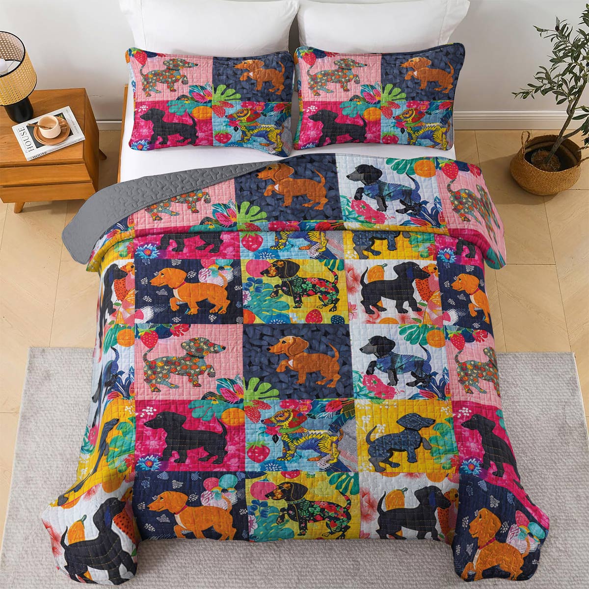 Shineful All Season Quilt 3-Piece Set Amazing Tropical Dachshunds