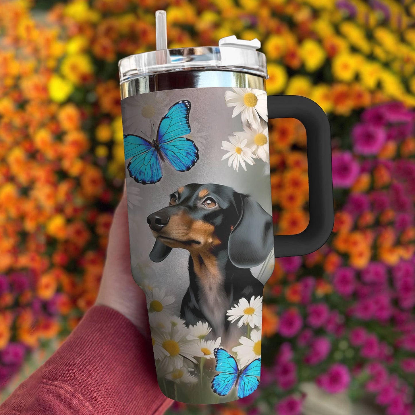 Shiny Tumbler Schöner Dackel mit Gänseblümchen