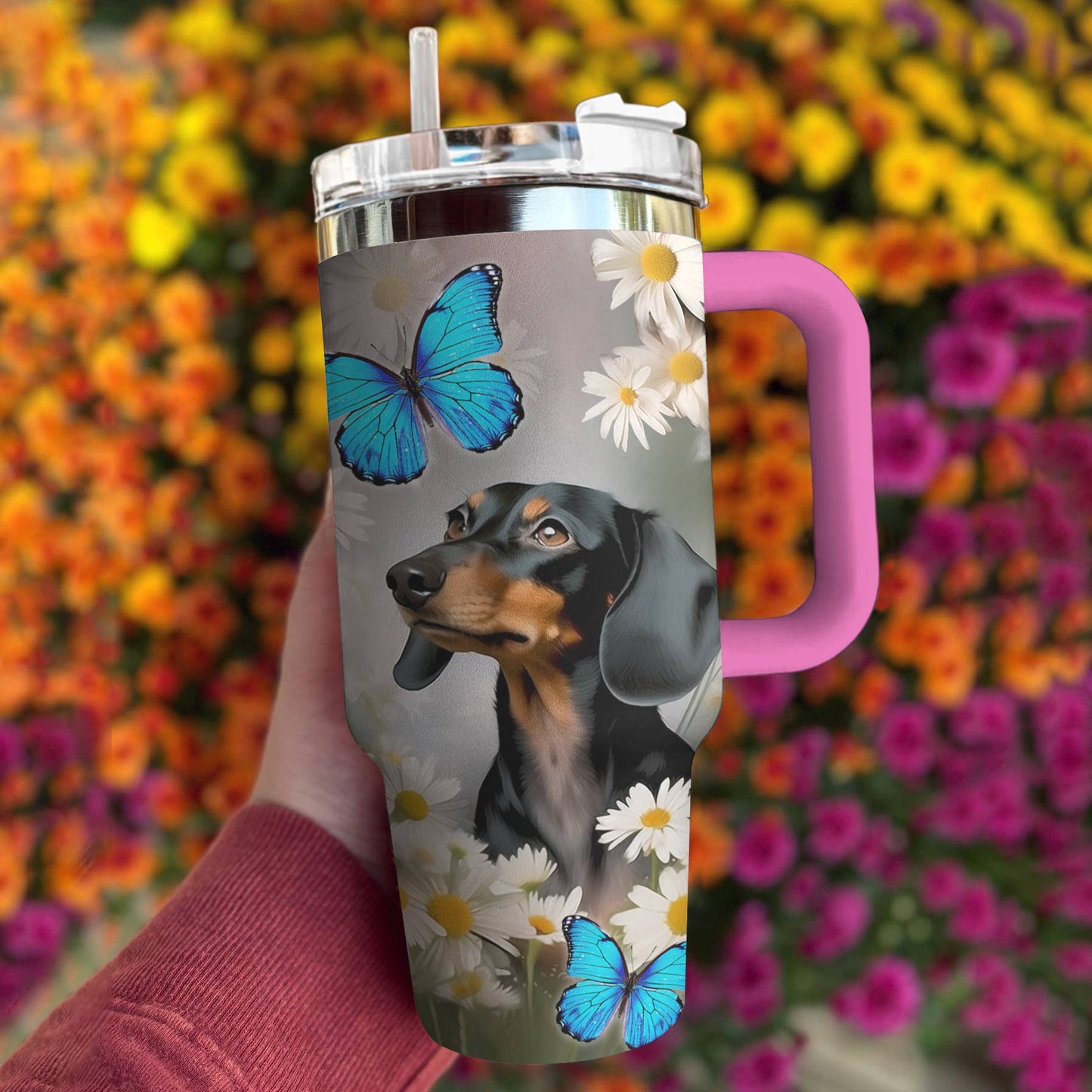 Shiny Tumbler Schöner Dackel mit Gänseblümchen