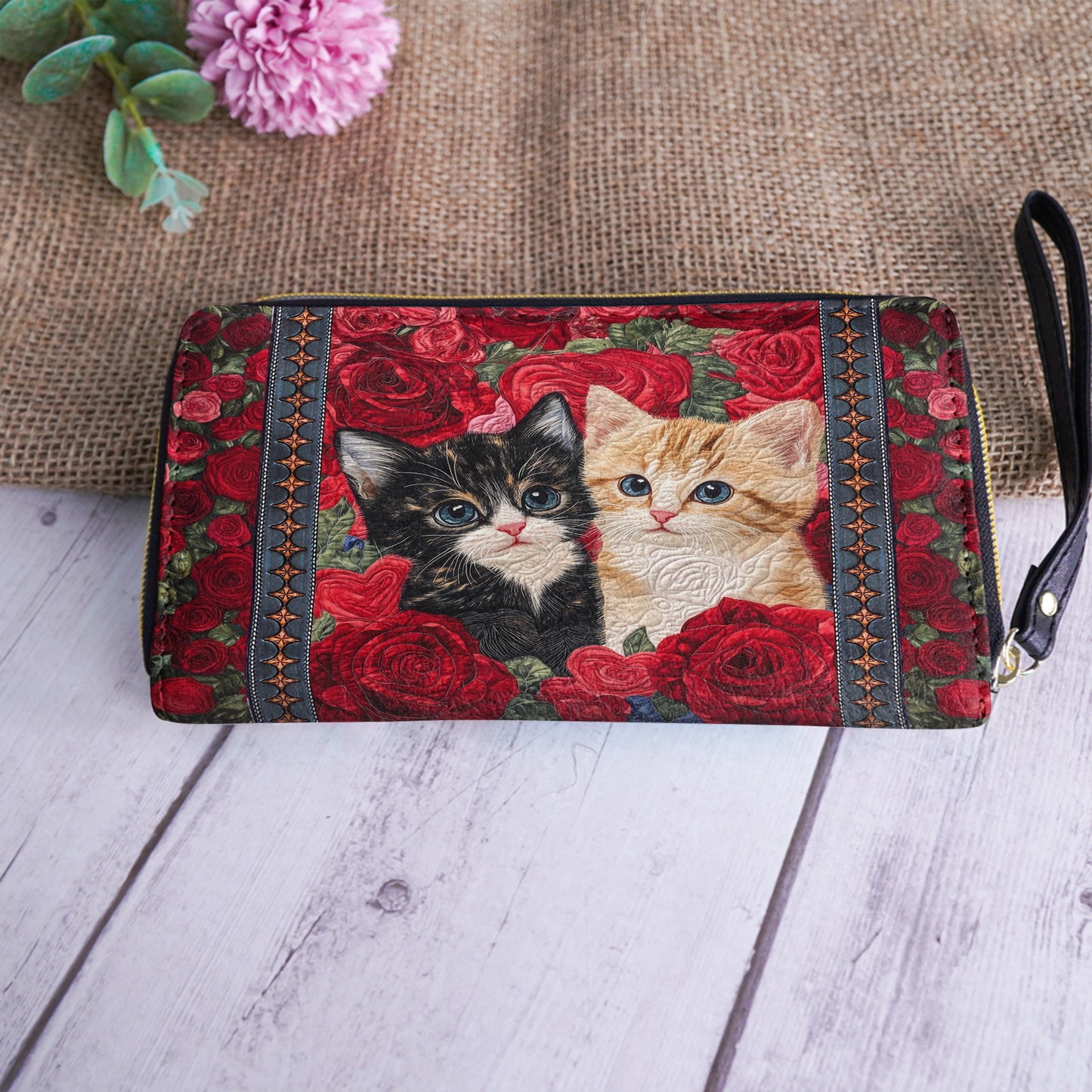 Shineful Leather Clutch Purse With Wristlet Strap Handle Cat Purrfect Rose Companions