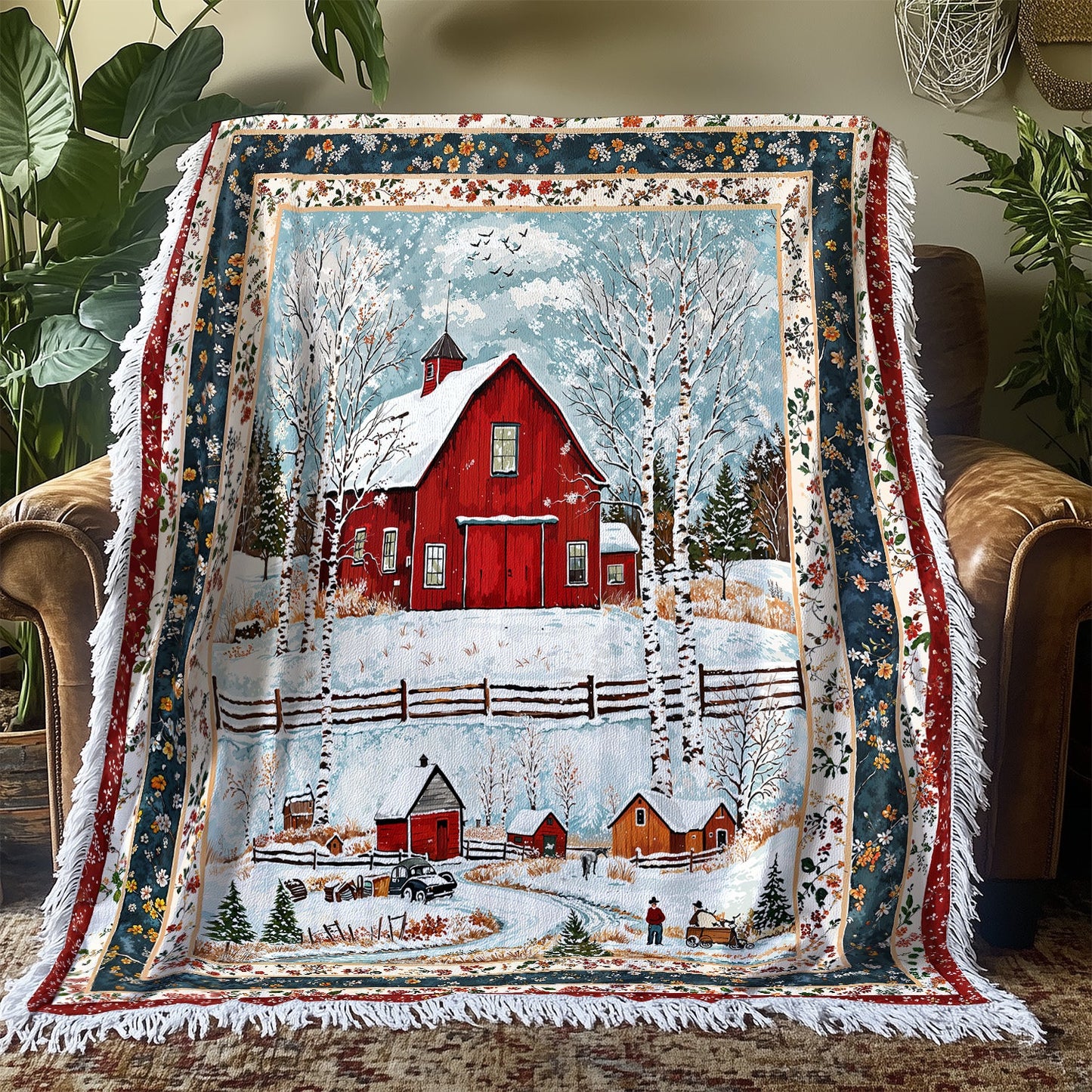 Shineful Woven Tapestry Throw Blanket - Red Barn Christmas