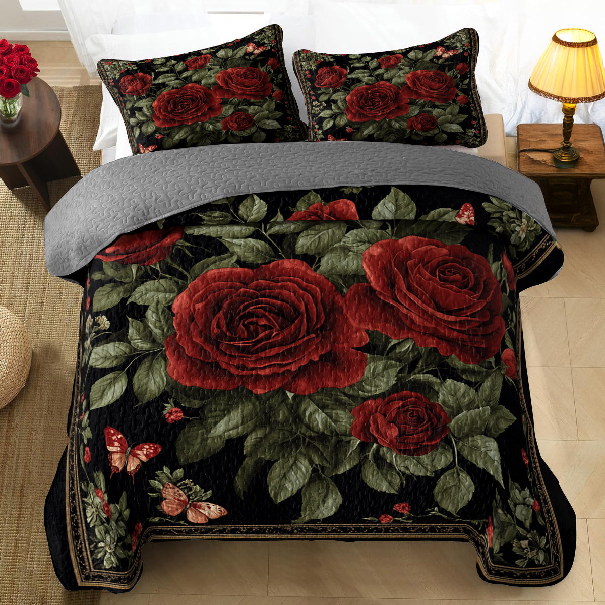 Shineful All Season Quilt 3-Piece Set Elegent Red Roses And Butterflies