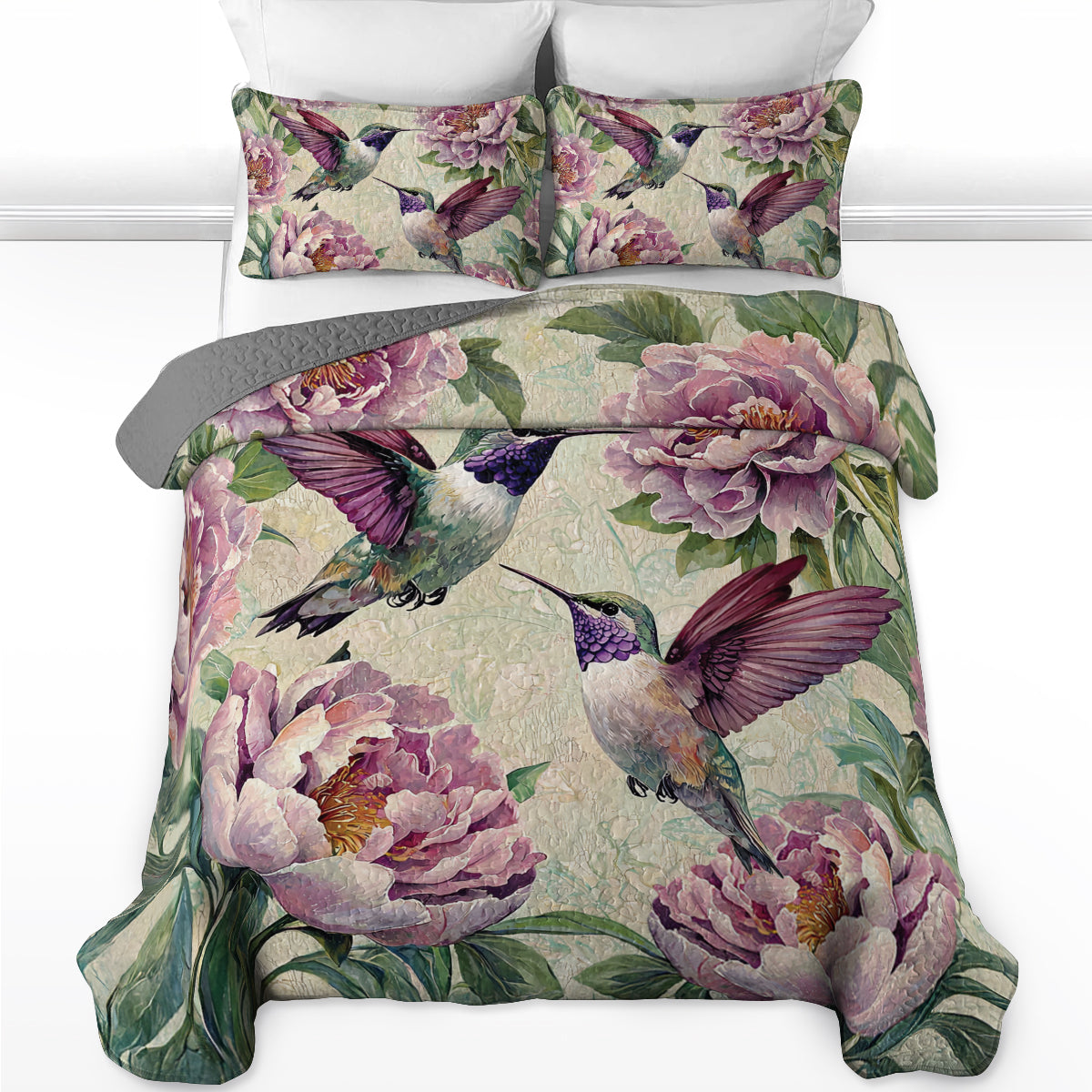 Shineful All Season Quilt 3-Piece Set Peony Hummingbird