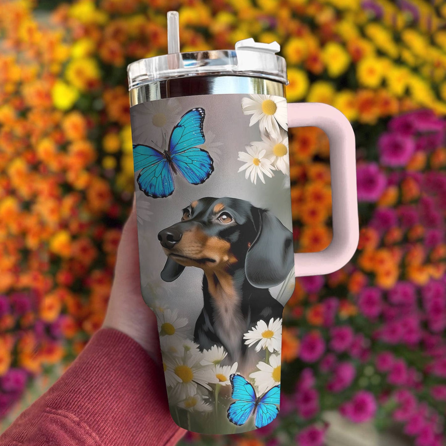 Shiny Tumbler Schöner Dackel mit Gänseblümchen