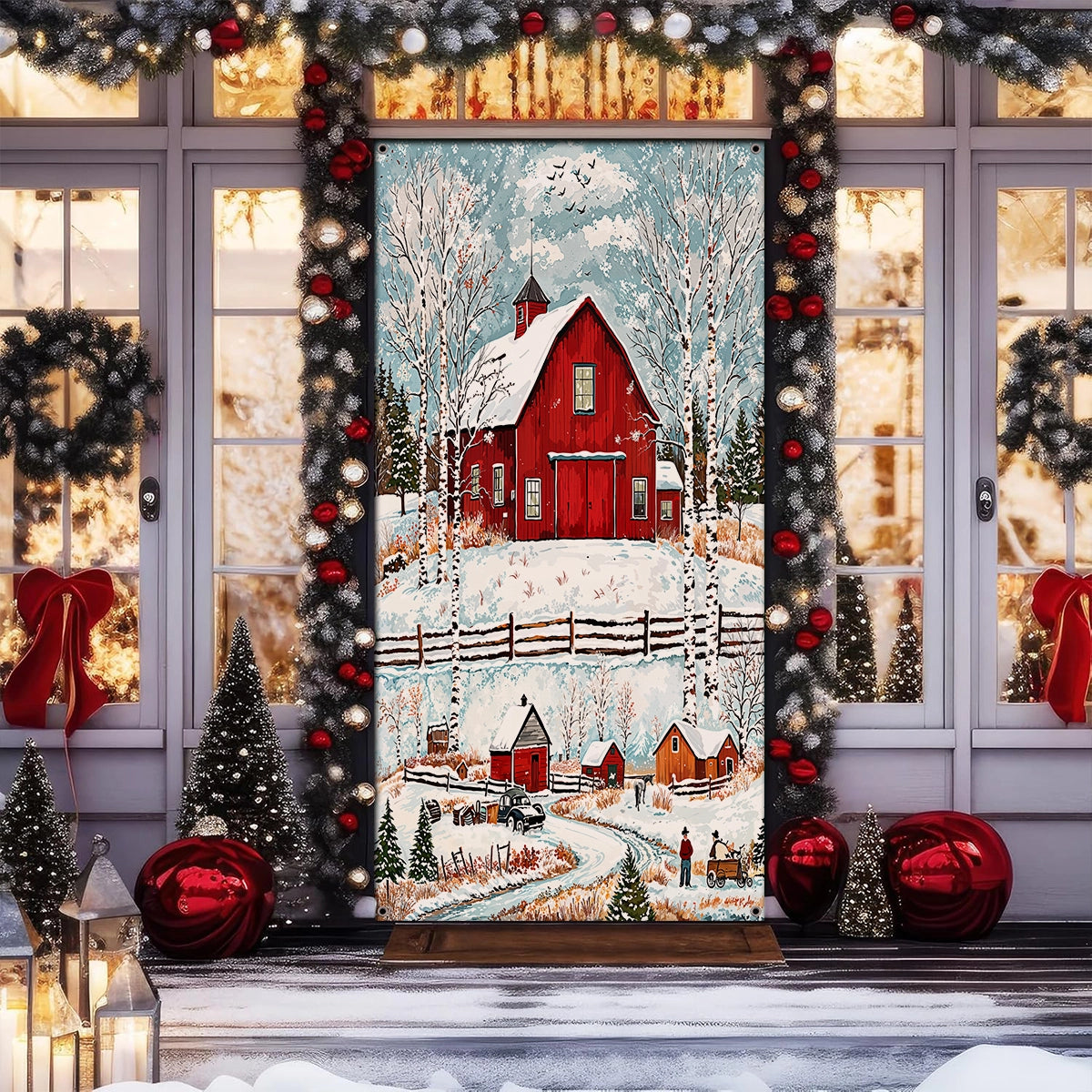 Shineful Door Cover - Red Barn Christmas