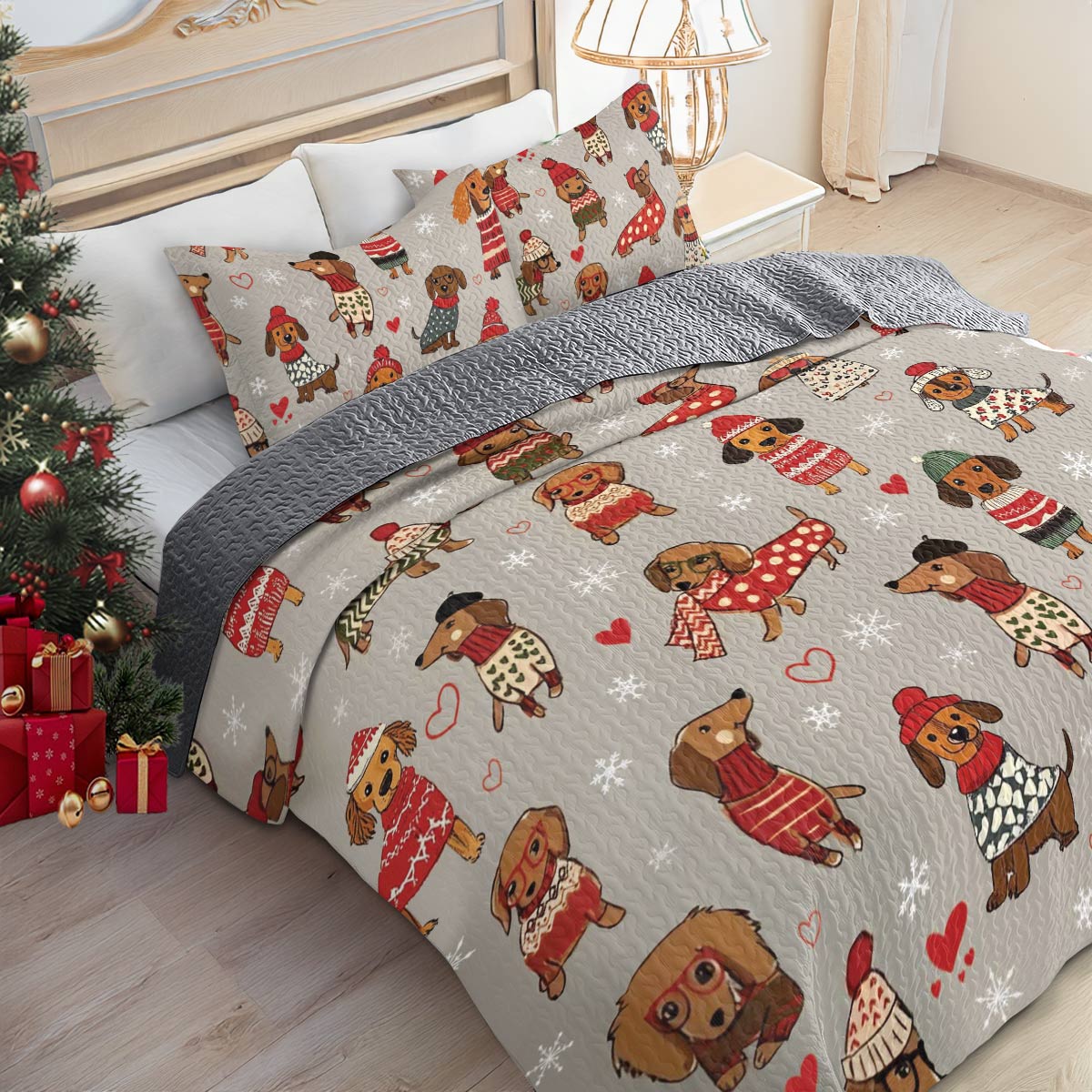 Shineful All Season Quilt 3-Piece Set Dachshunds in Red