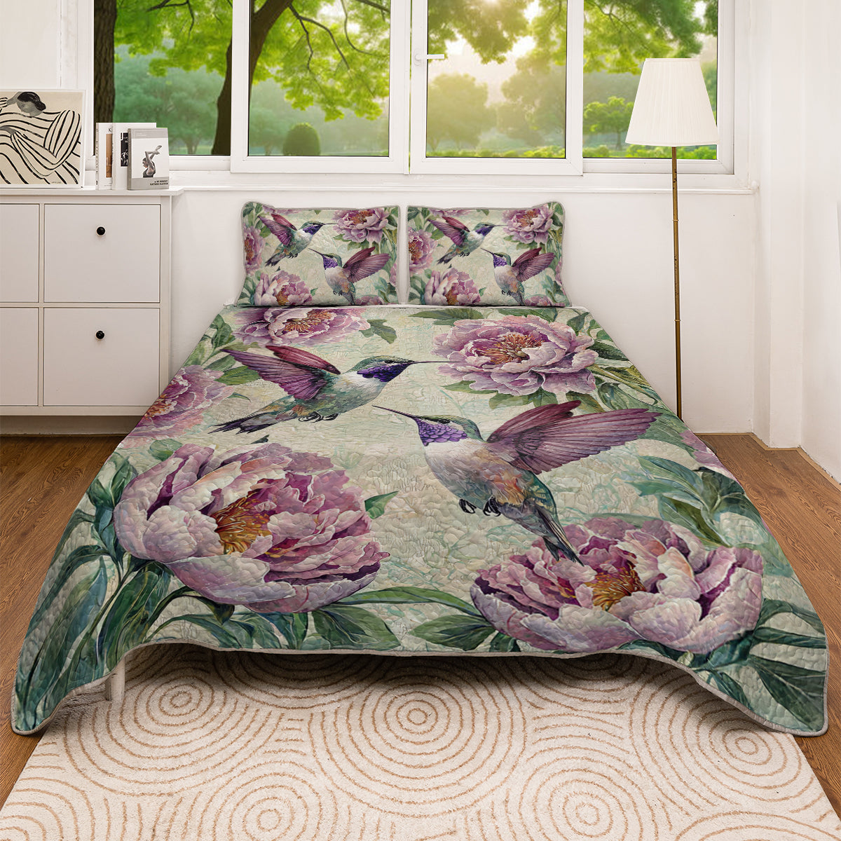 Shineful All Season Quilt 3-Piece Set Peony Hummingbird