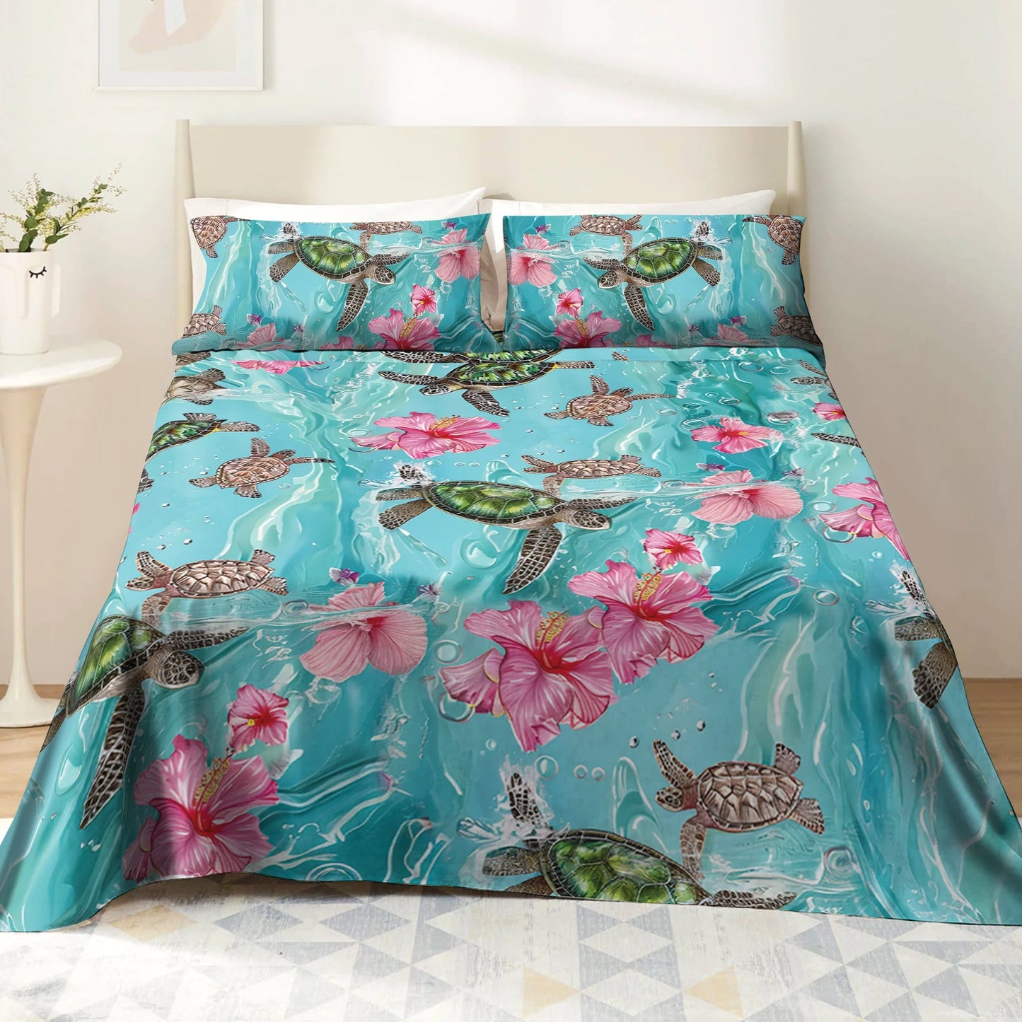 Shineful 4-Piece Bed Sheet Set - Sea Turtle Hibiscus