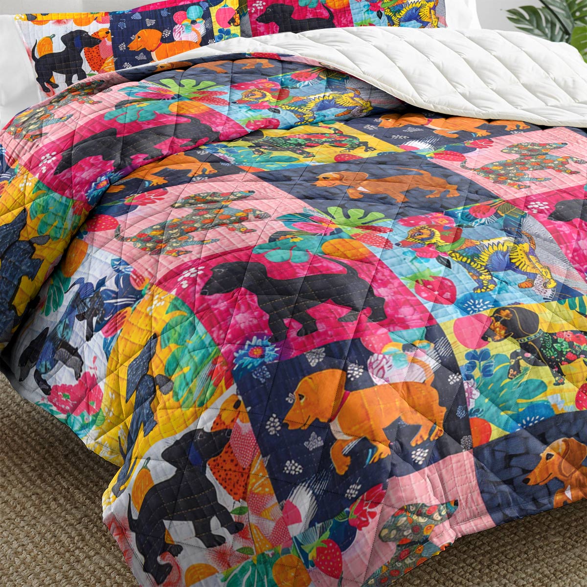 Shineful Tropical Floral Dachshunds - All Season Quilt 3-Piece Set