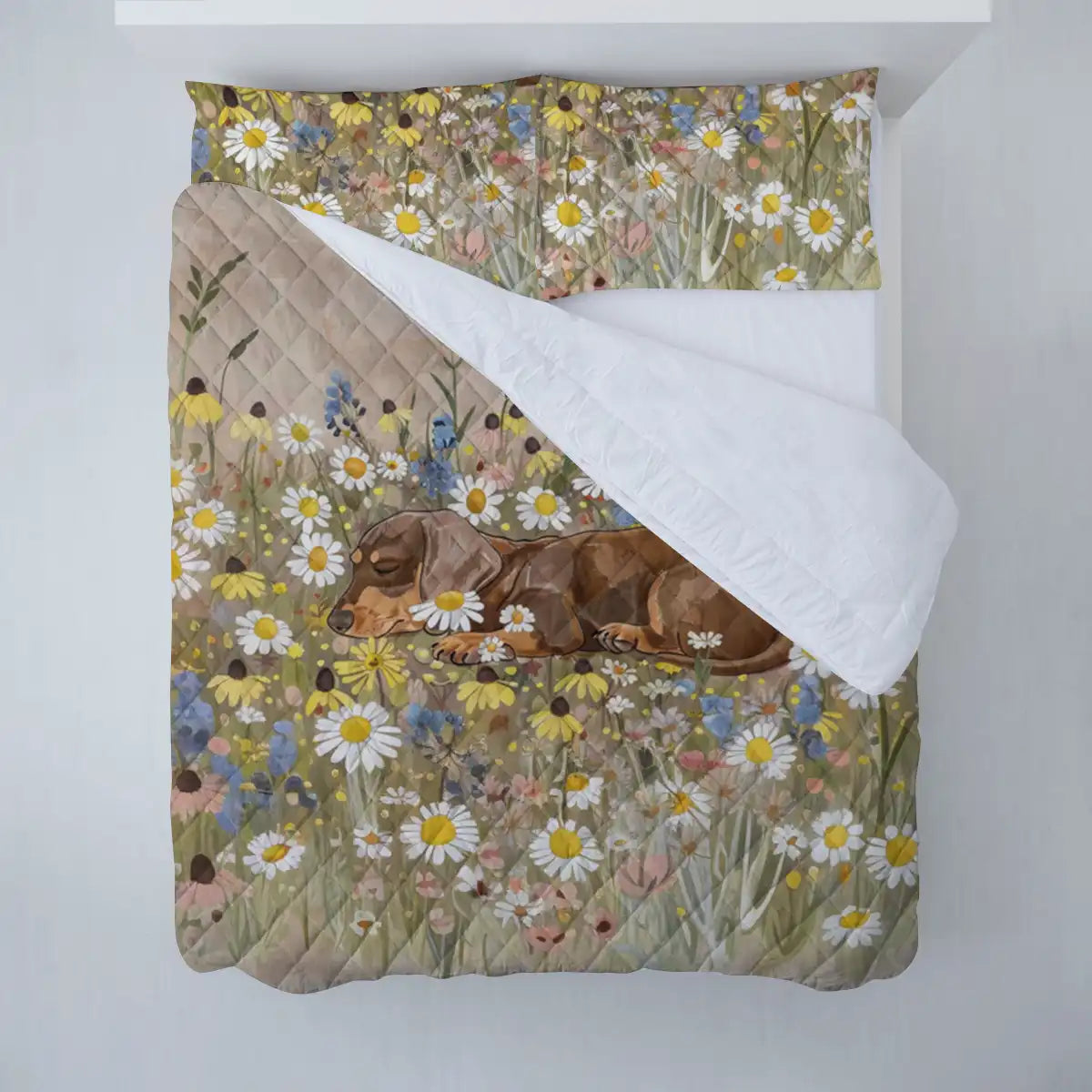 Shineful Flat Print Faux Quilt Blanket Dachshund Sleep Under Flower- All Season Faux Quilt