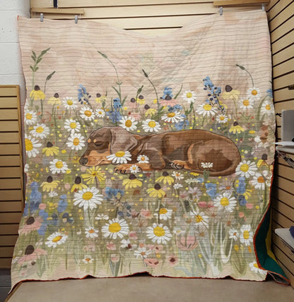 Shineful Flat Print Faux Quilt Blanket Dachshund Sleep Under Flower- All Season Faux Quilt