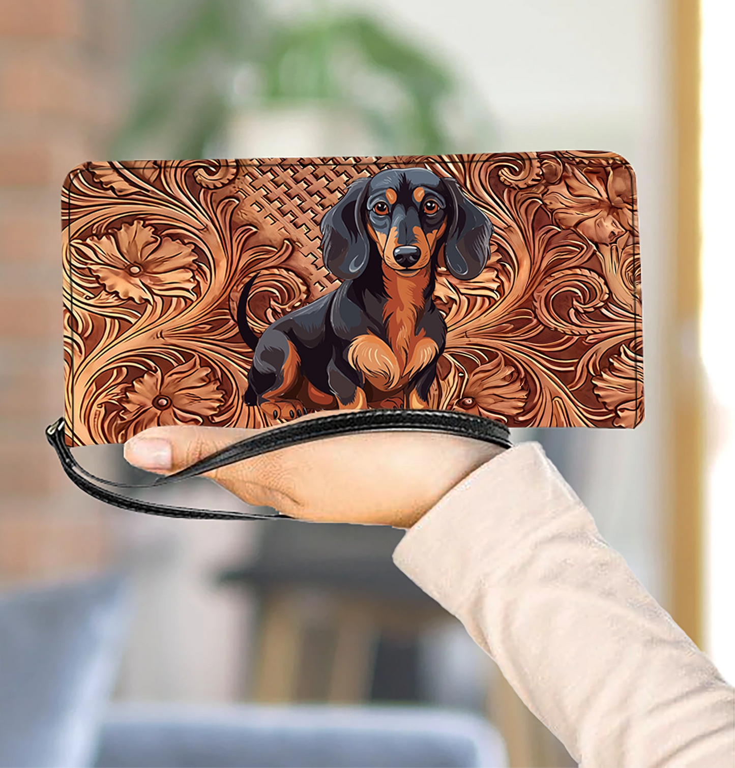 Shineful Strength Dachshunds Leather Clutch Purse With Wristlet Strap Handle