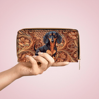 Shineful Strength Dachshunds Leather Clutch Purse With Wristlet Strap Handle