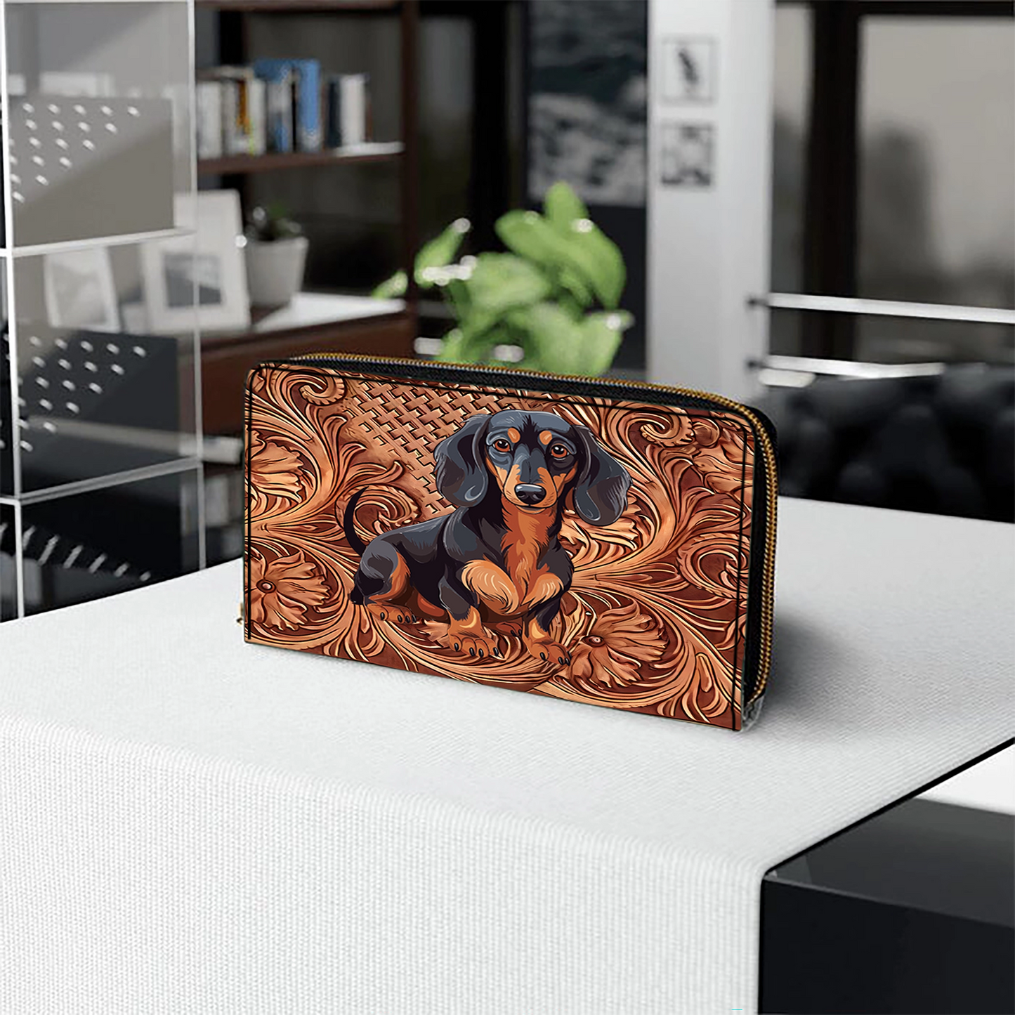 Shineful Strength Dachshunds Leather Clutch Purse With Wristlet Strap Handle