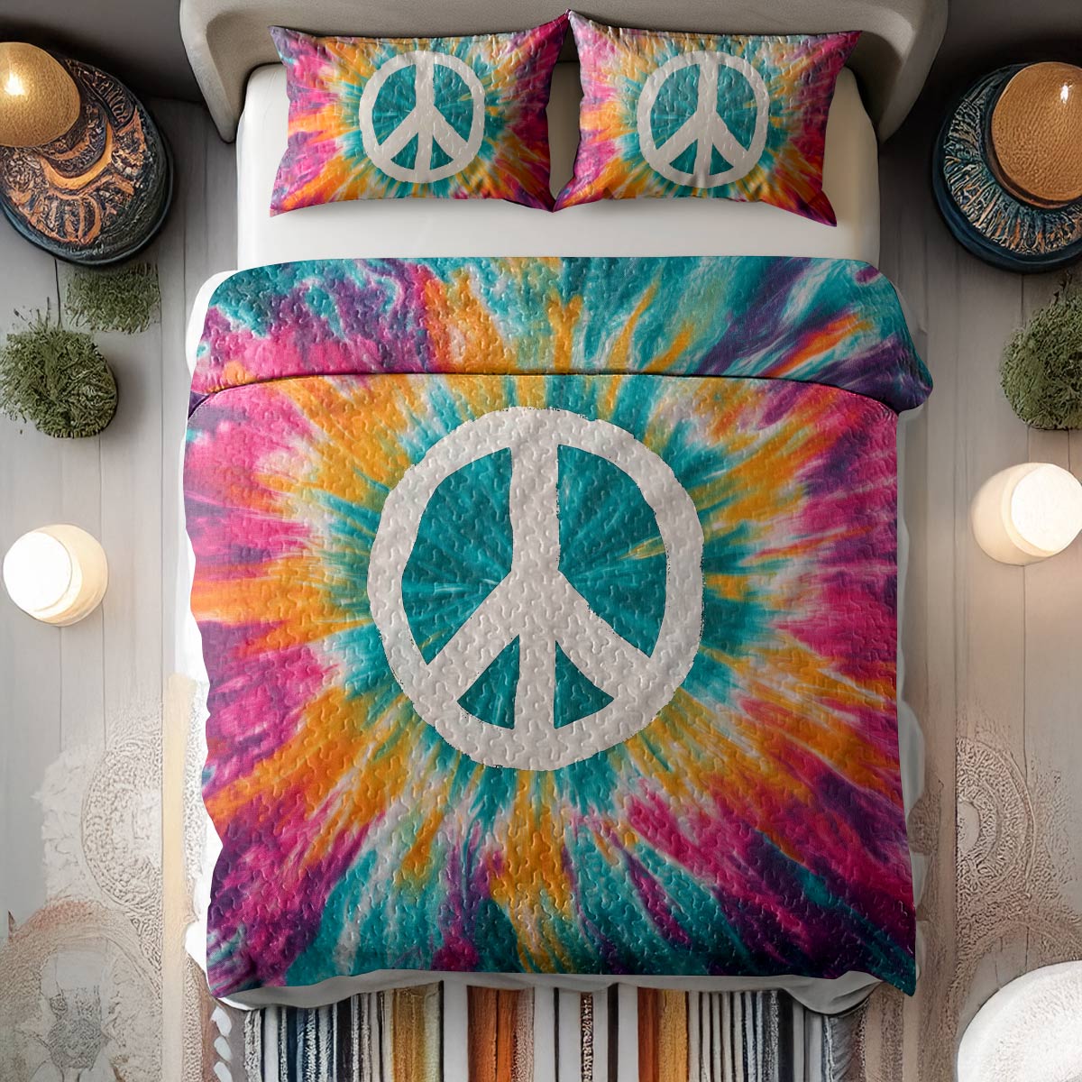 Shineful All Season Quilt 3-Piece Set - Peace Sign Tie-Dye