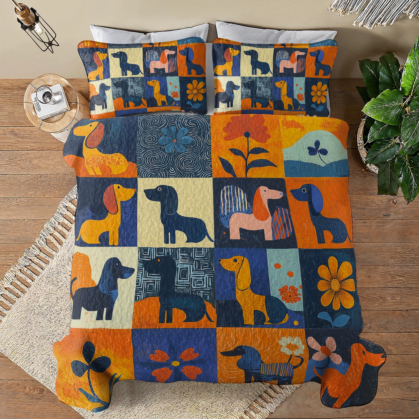 Shineful All Season Quilt 3-Piece Set Vibrant Floral Dachshund