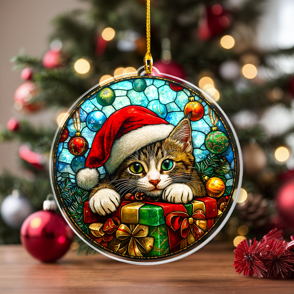 Ornement en acrylique 2D brillant en forme de chat mignon avec surprise de Noël