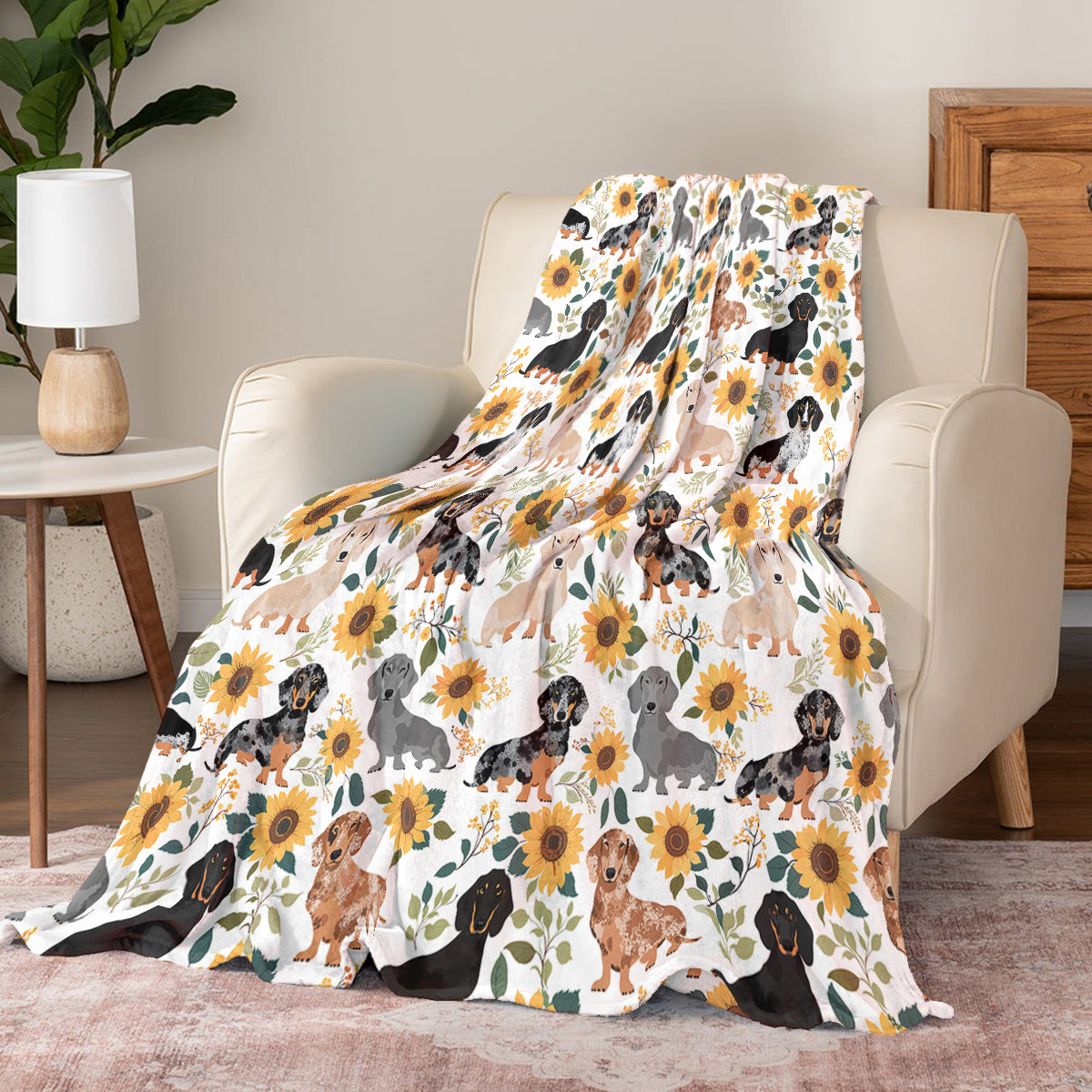 Shineful Fleece Blanket Dachshunds & Sunflowers