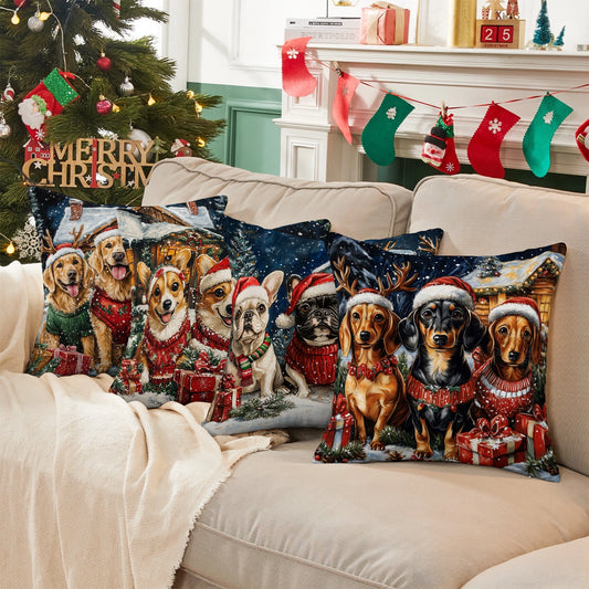 Housse de coussin, taie d'oreiller et taies d'oreiller imprimées en 2D brillantes - Collection Festive Paws