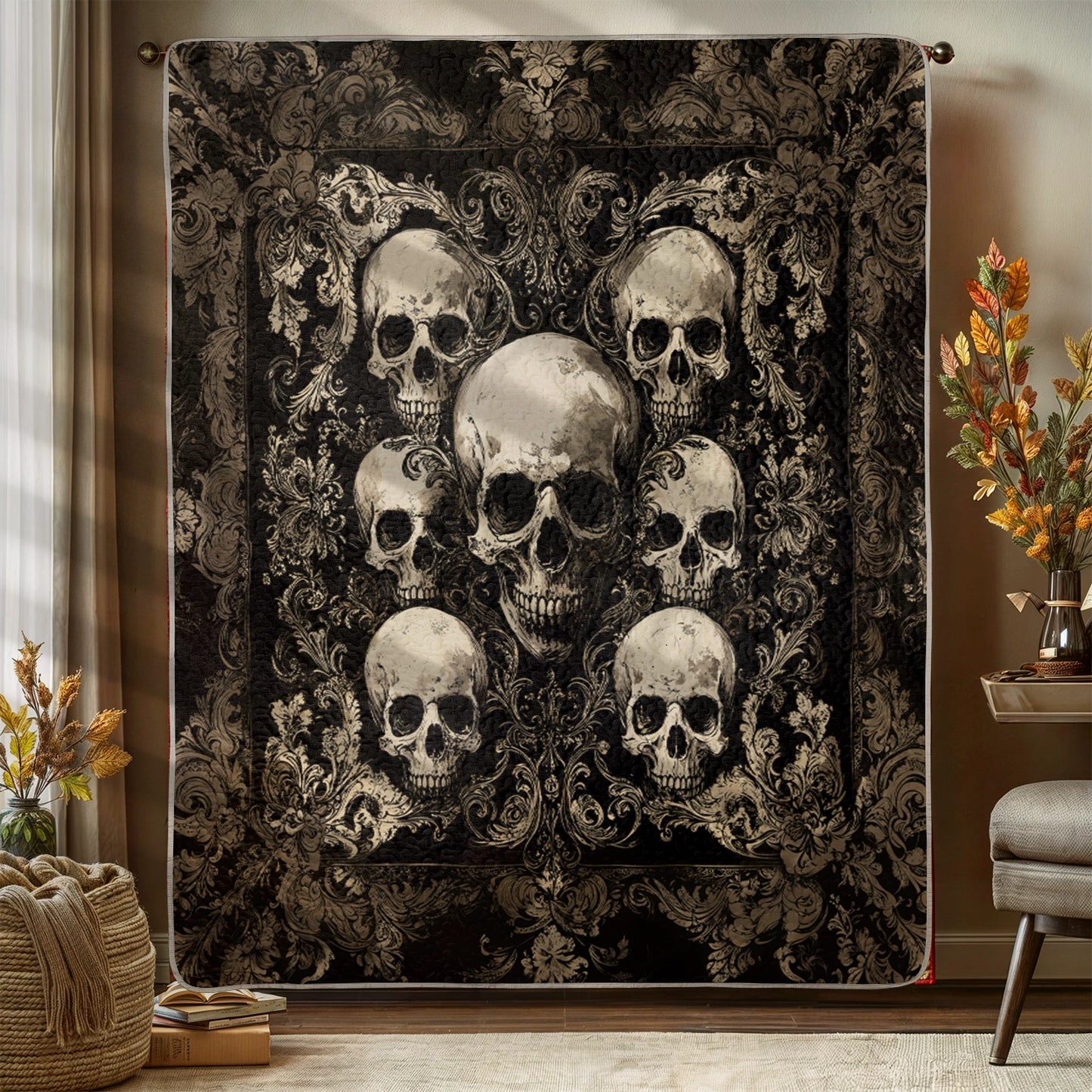 Shineful Flat Print Faux Quilt Blanket -  Gothic Skull Majesty