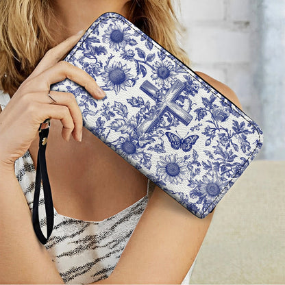 Shineful Leather Clutch Purse With Wristlet Strap Handle Sunflower & Cross Blessing