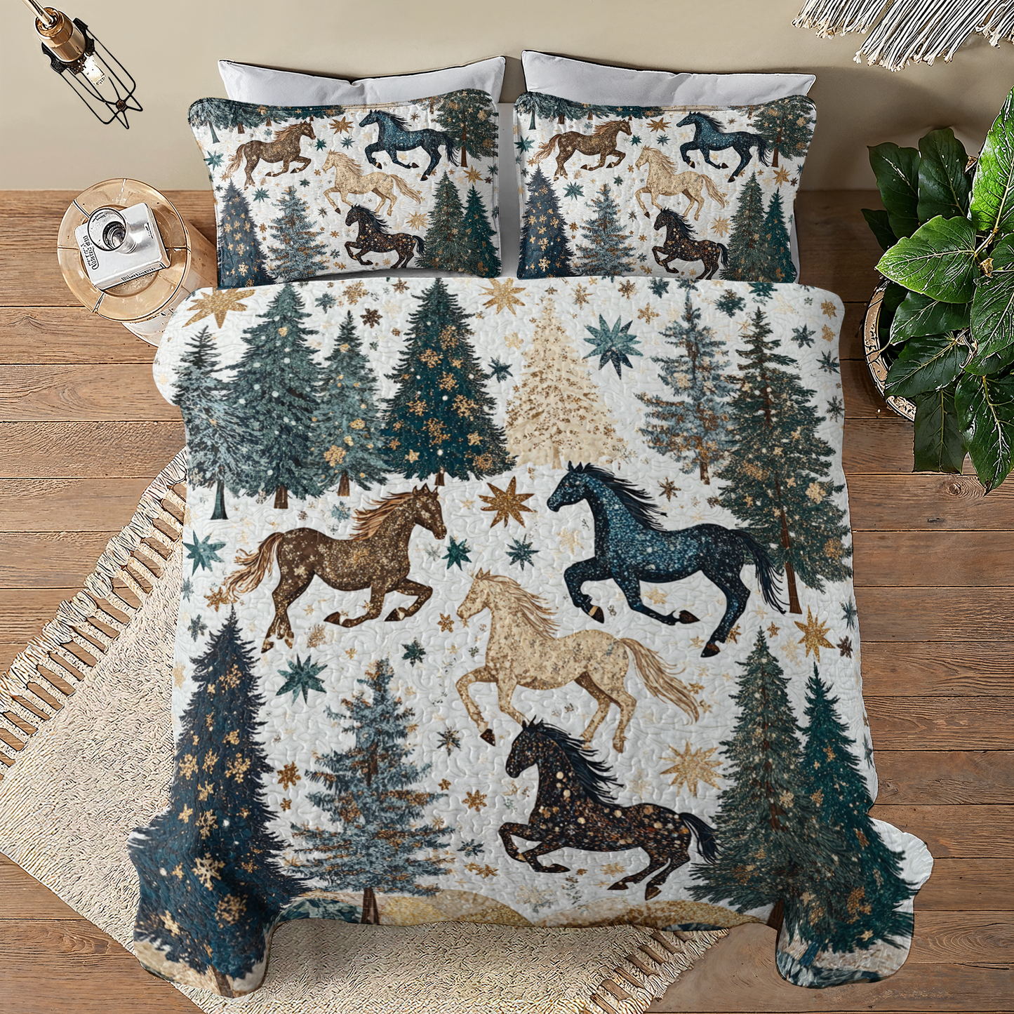 Shineful All Season Quilt 3-Piece Set Charming Horse Christmas Tree