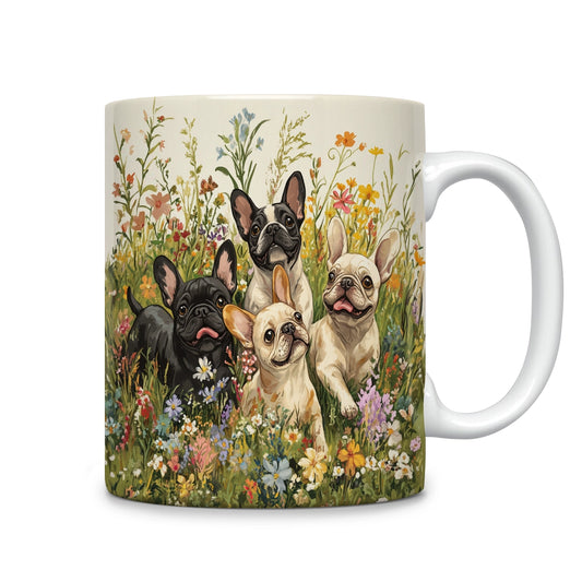 Glänzende Keramiktasse mit Blumenmotiv „Frenchie Adventure“