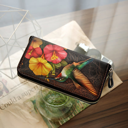 Shineful Leather Clutch Purse With Wristlet Strap Handle Tropical Hummingbird