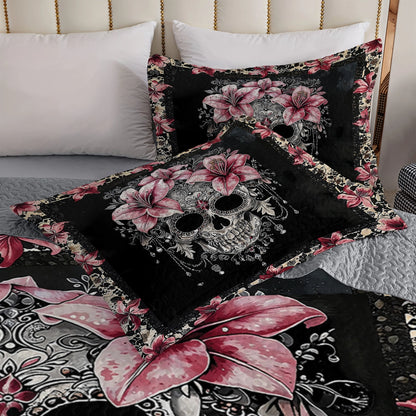 Shineful All Season Quilt 3-Piece Set - Beautiful Sugar Skull With Lilies