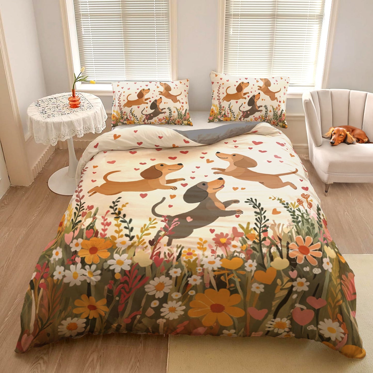 Shineful 3 Pieces Duvet Cover Set - Floral Dachshund With Heart