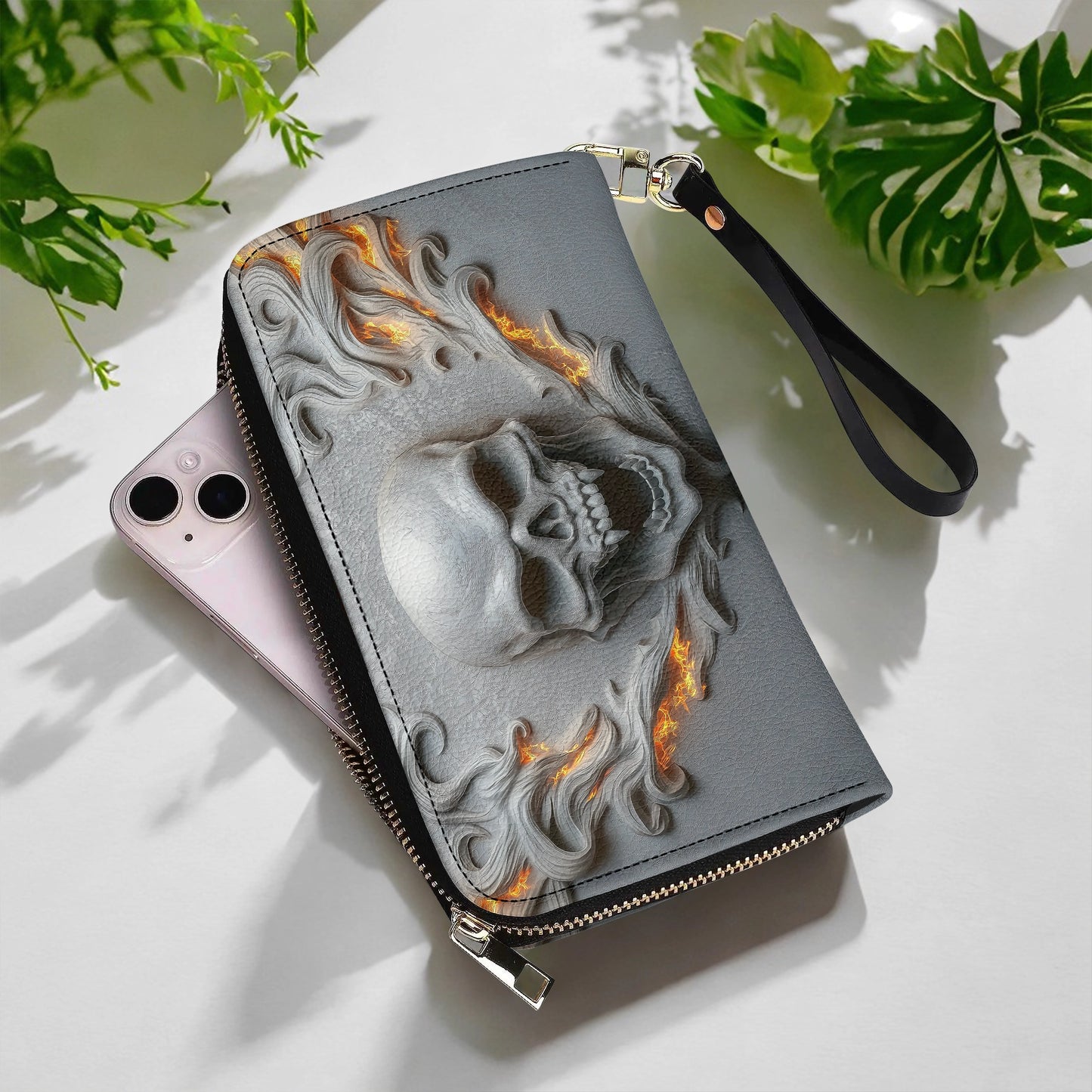 Shineful Leather Clutch Purse With Wristlet Strap Handle Skull Burning Soul