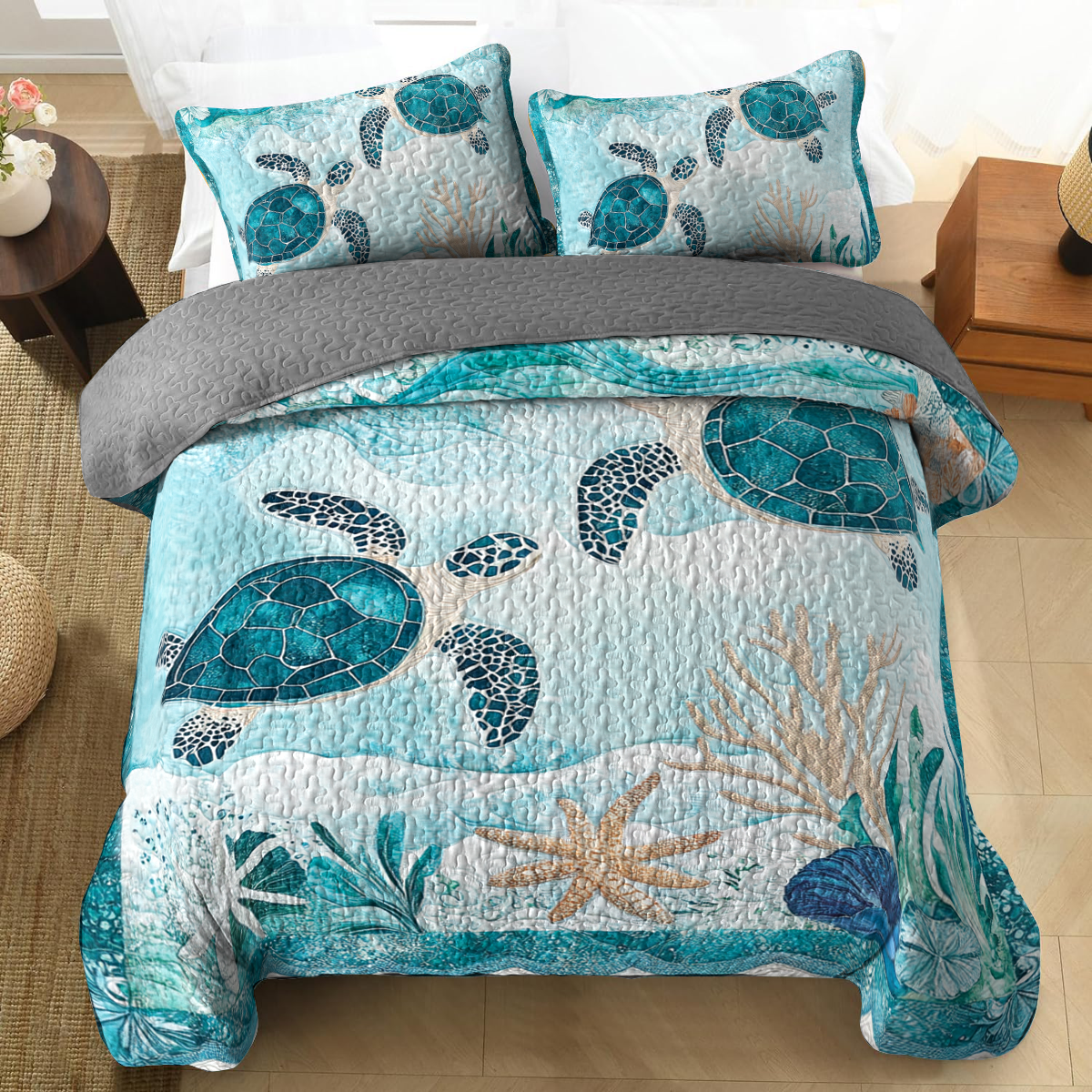 Shineful All Season Quilt 3-Piece Set - Elegant Sea Turtle