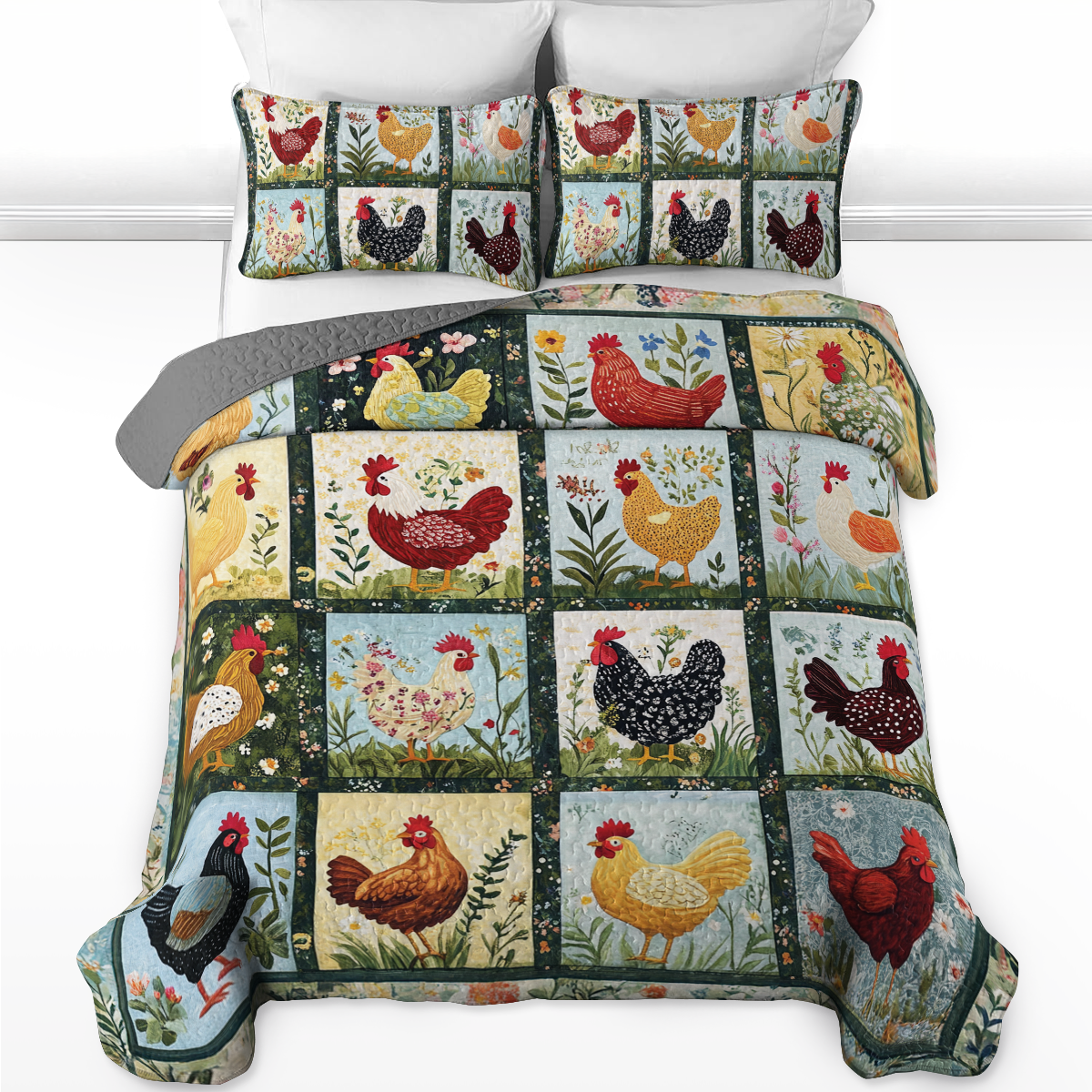 Ensemble de courtepointe toutes saisons Shineful 3 pièces Charmant patchwork de poulets