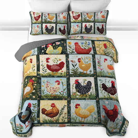 Shineful All Season Quilt 3-Piece Set Charming Chicken Patchwork