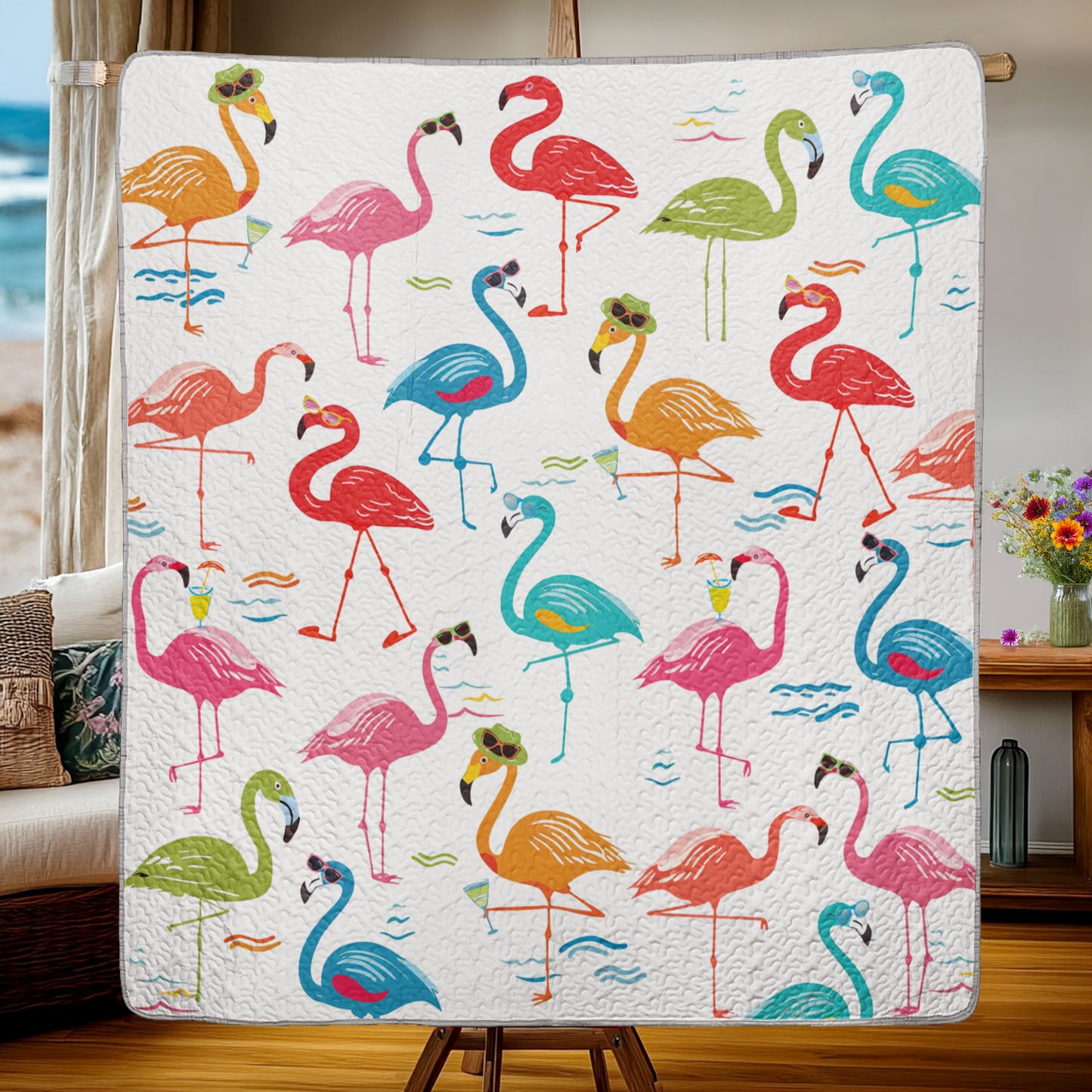 Couverture courtepointe en similicuir à imprimé plat brillant Motif flamant rose fantaisiste