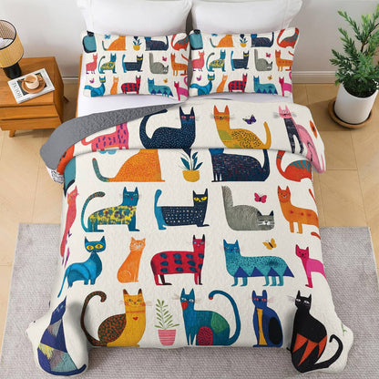 Shineful All Season Quilt 3-Piece Set - Colorful Cats Wonderland